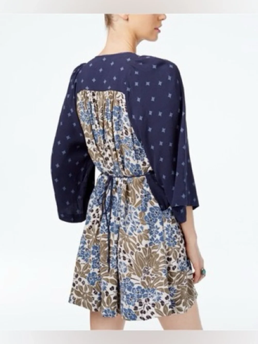 Free People Tululla Floral Patchwork Deep V Boho Mini Tunic Dress XS